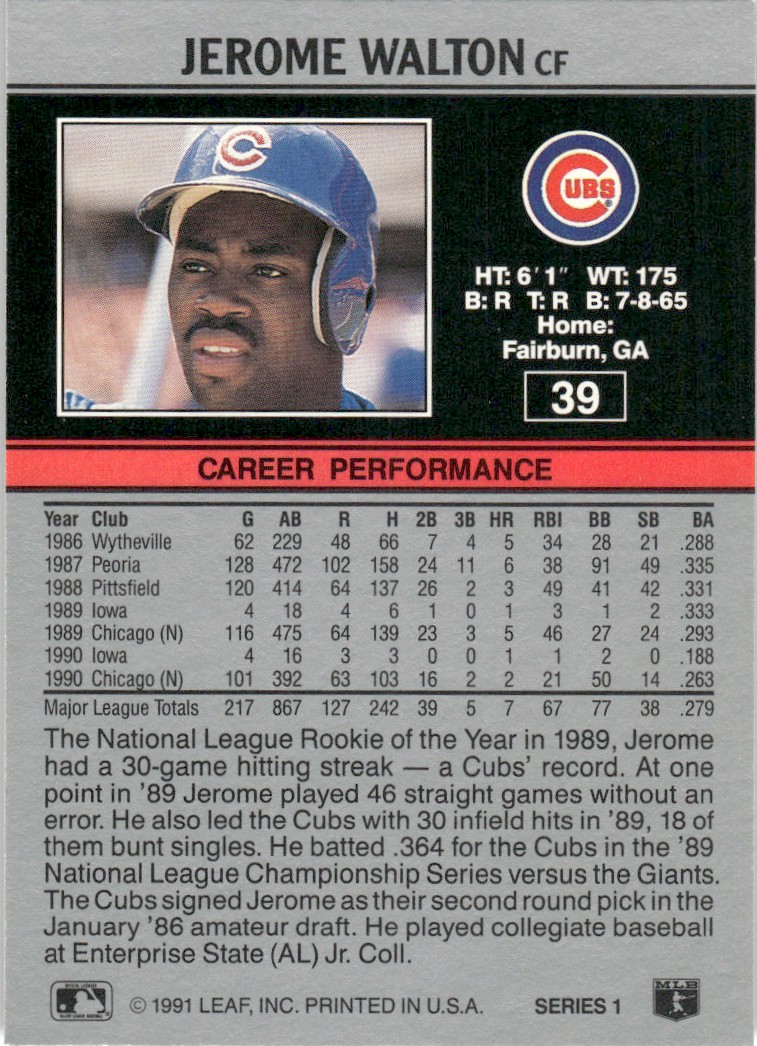 1991 Leaf Major League MLB Baseball Jerome Walton #39 card back image