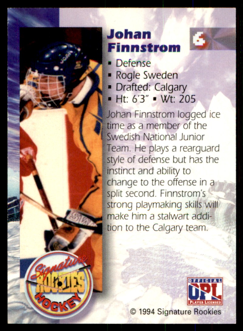 1994-95 Signature Rookies Autographs Johan Finnstrom #6 card back image