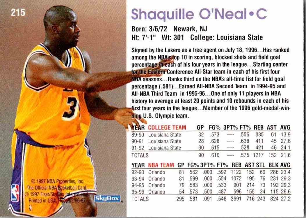 1997-98 NBA Hoops Shaquille O'Neal #215 on Kronozio