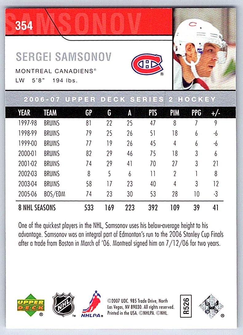 2007-08 Upper Deck Sergei Brylin #354 card back image