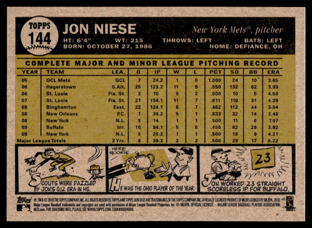 2010 Topps Heritage Jon Niese #144 card back image