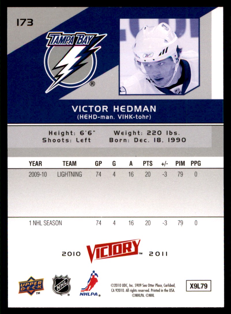2010-11 Upper Deck Victory Victor Hedman #173 card back image