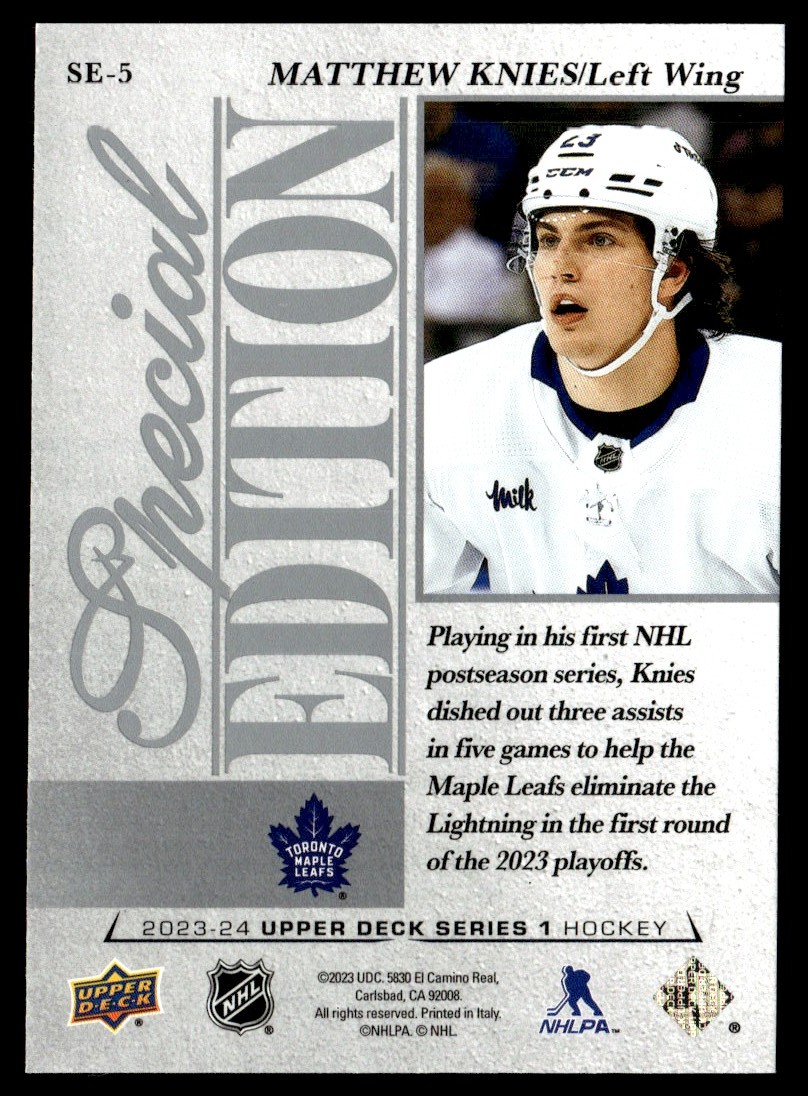 2023-24 Upper Deck Special Edition Matthew Knies #SE-5 card back image