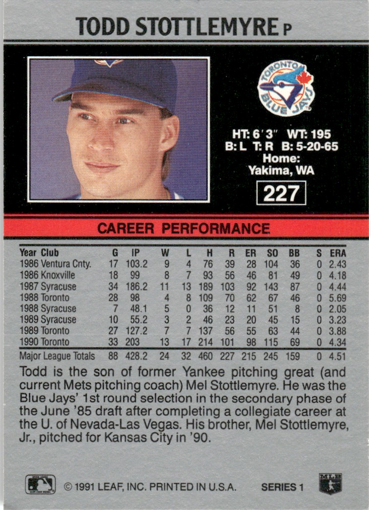 1991 Leaf Major League MLB Baseball Todd Stottlemyre #227 card back image