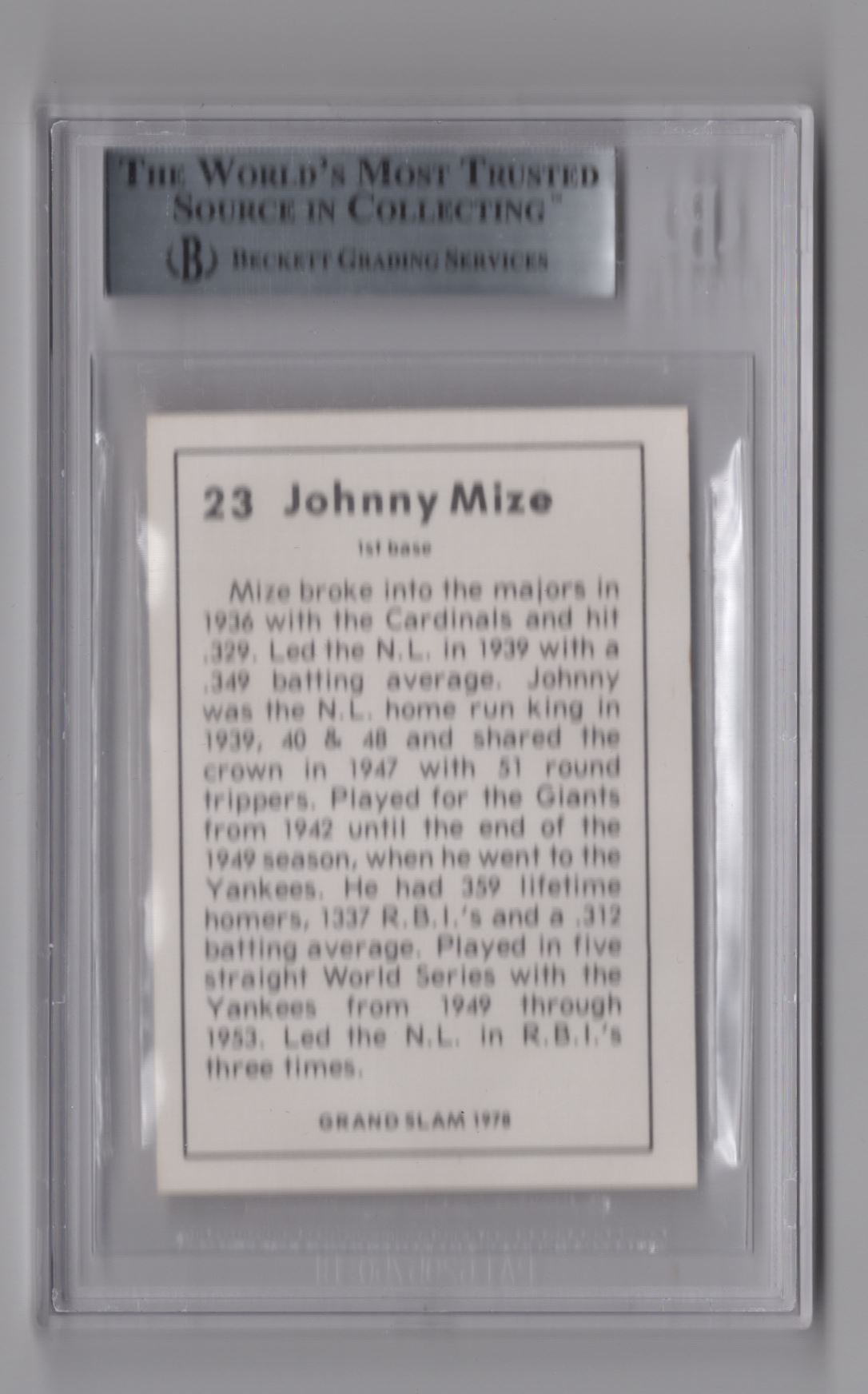 1978 Grand Slam Johnny Mize #23 card back image