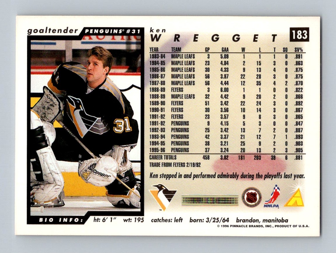 1996-97 Score Ken Wregget Pittsburgh Penguins #183 | eBay