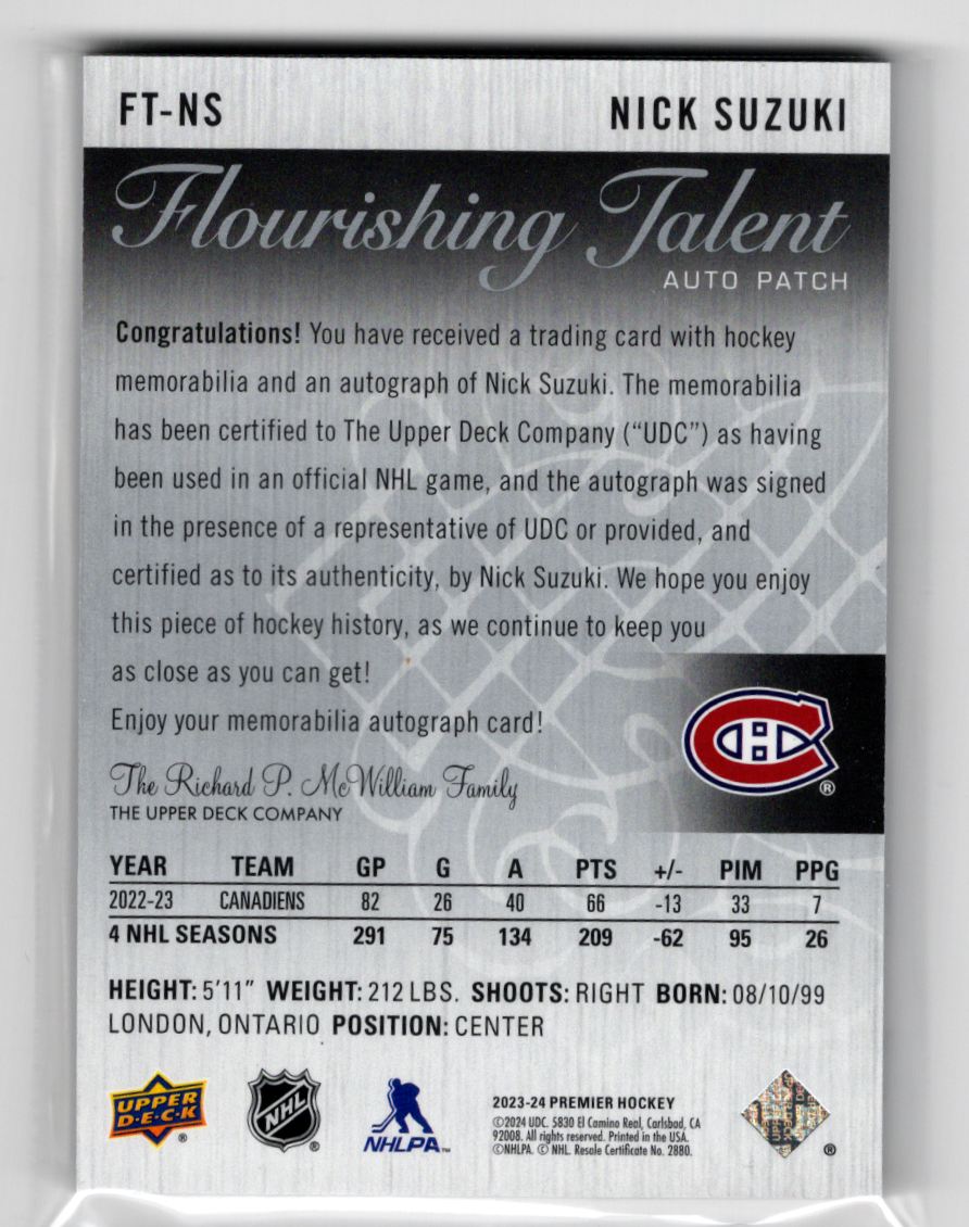 2024-25 Upper Deck Premier Flourishing Talent Nick Suzuki Auto 05