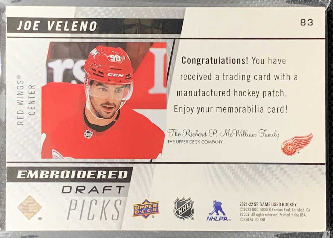 2021-22 SP Game Used Embroidered in History Joe Veleno #83 card back image