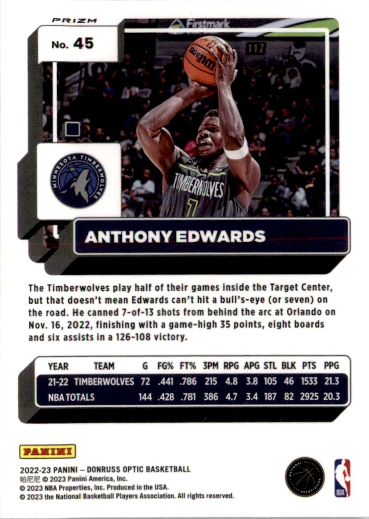 2022-23 Donruss Optic Purple Anthony Edwards #45 card back image