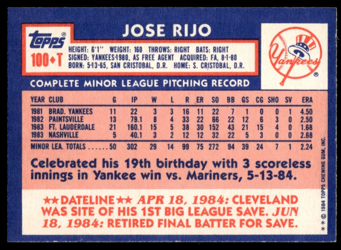1984 Topps Traded TIFFANY Jose Rijo #100T card back image