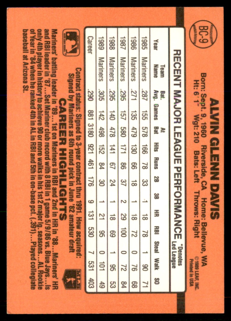 1990 Donruss Alvin Davis #BC-9 card back image