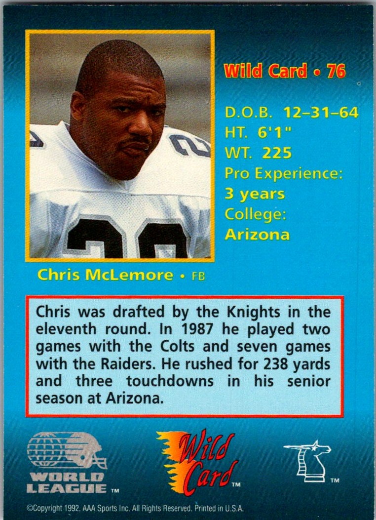 1992 WILD CARD WLAF CHRIS MCLEMORE NY NJ KNIGHTS #76 | eBay