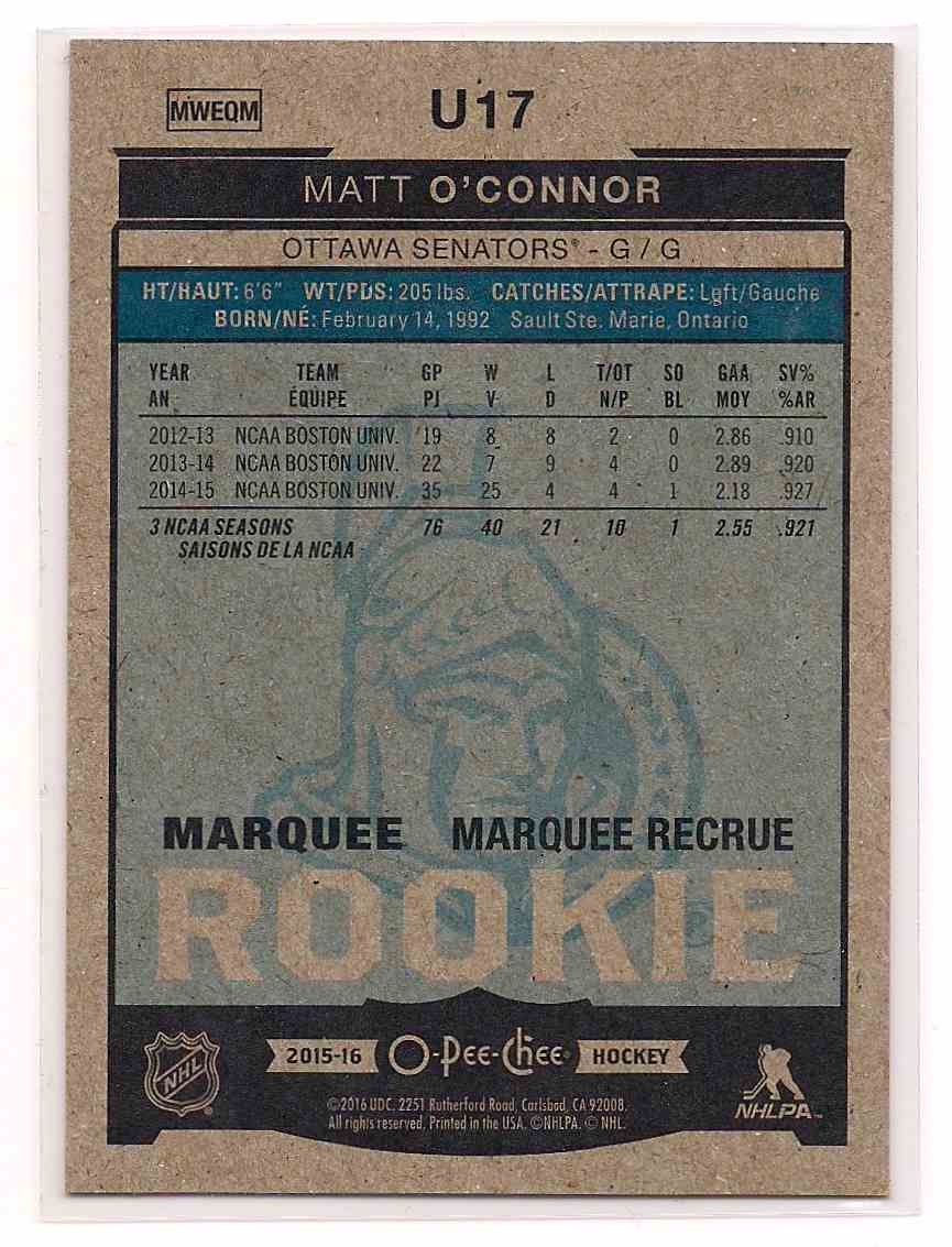 2015-16 O-Pee-Chee Marquee Rookie Matt O'Connor #U17 card back image