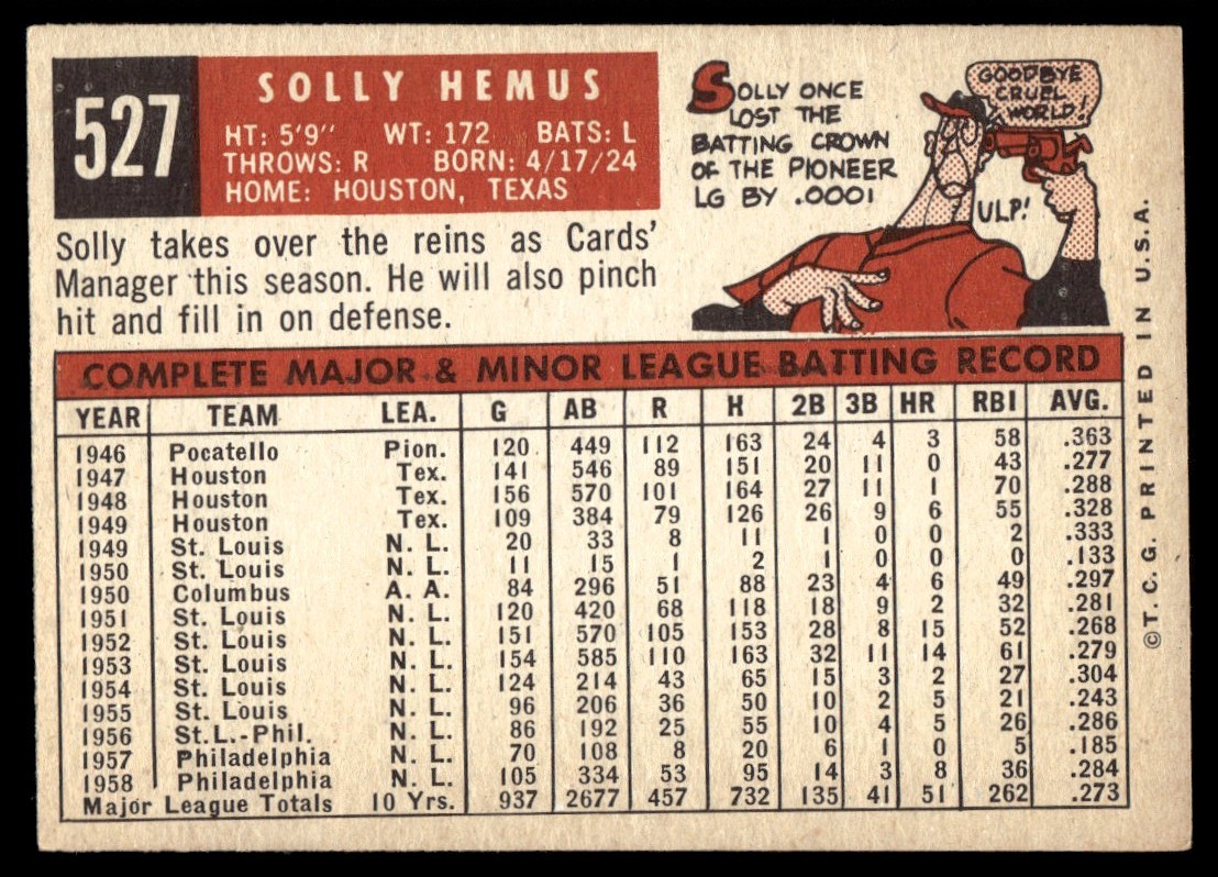 1959 Topps Solly Hemus #527 card back image