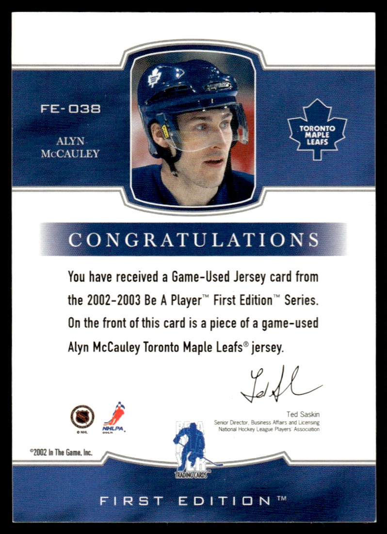 2002-03 Be a Player First Edition Jerseys Alyn McCauley #FE-038 card back image