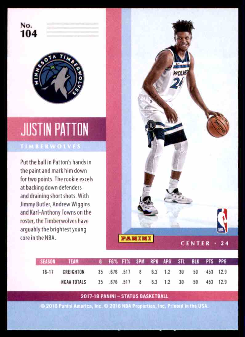 2017-18 Panini Status Justin Patton RC #104 card back image
