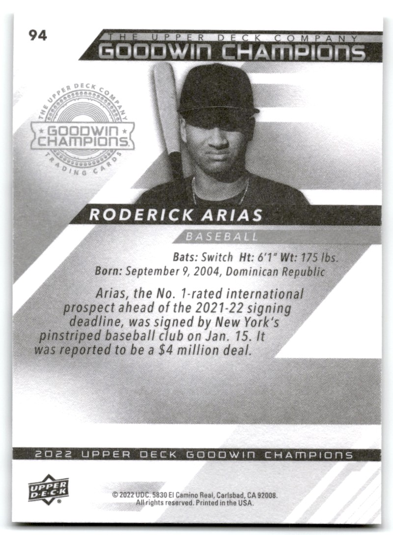 2022 Upper Deck Goodwin Champions Horizontal Roderick Arias #94 card back image