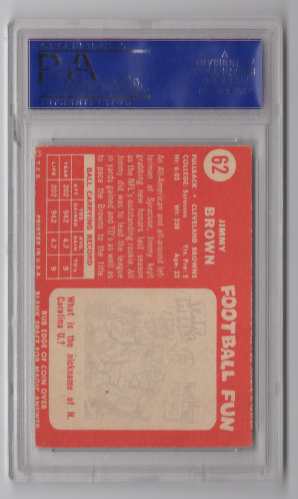 1958 Topps Jim Brown #62 card back image
