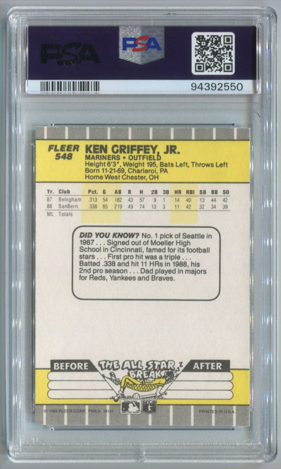 1989 Fleer Ken Griffey Jr. #548 card back image