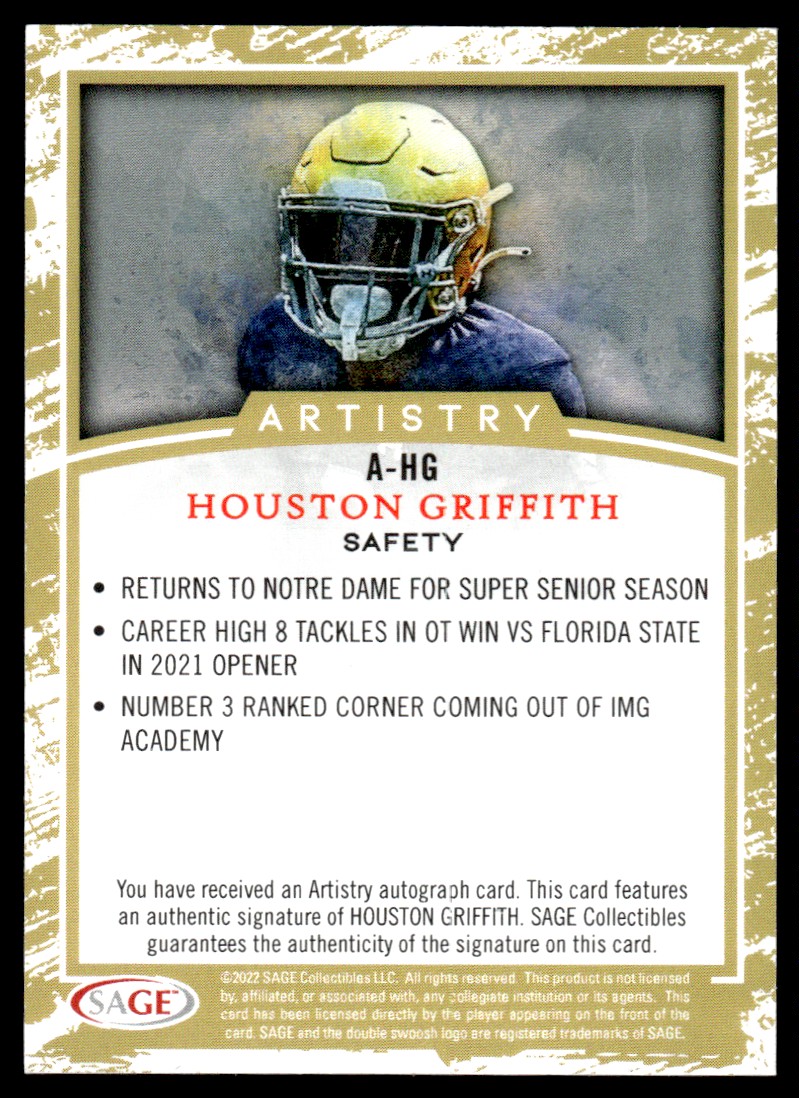 2023 SAGE HIT Autographs Houston Griffith #A-HG card back image
