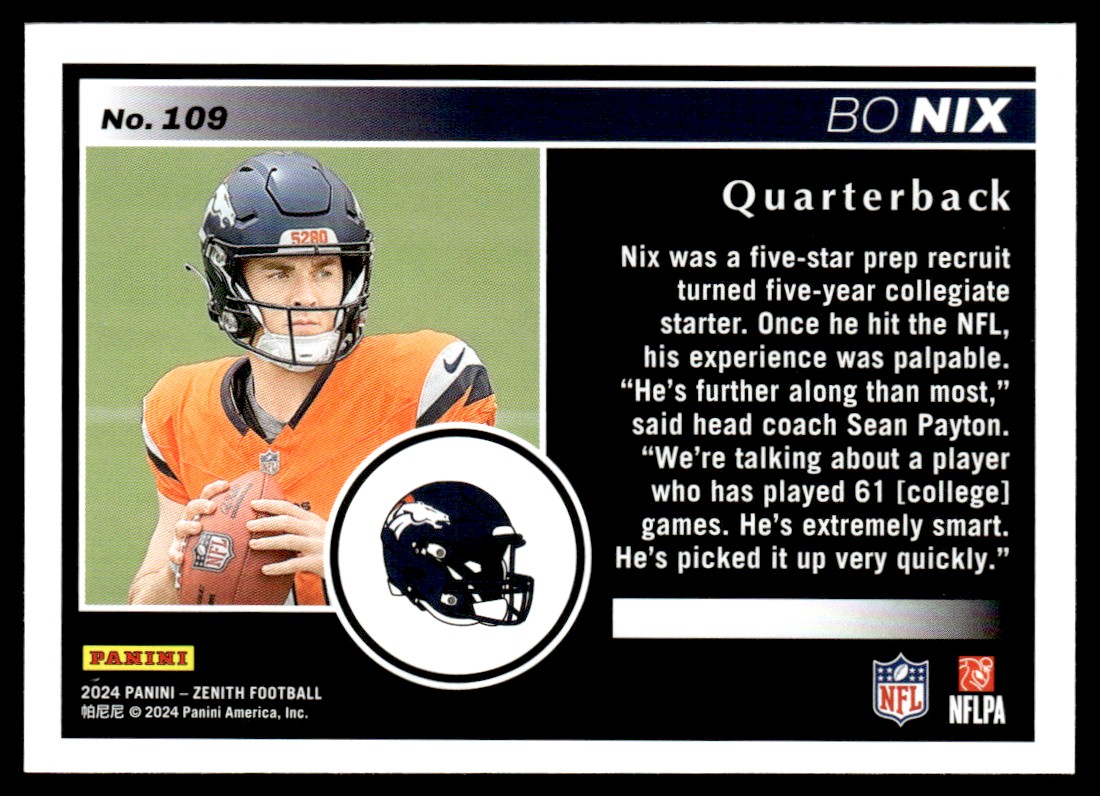 2024 Panini Zenith Rookie Bo Nix #109 B | eBay