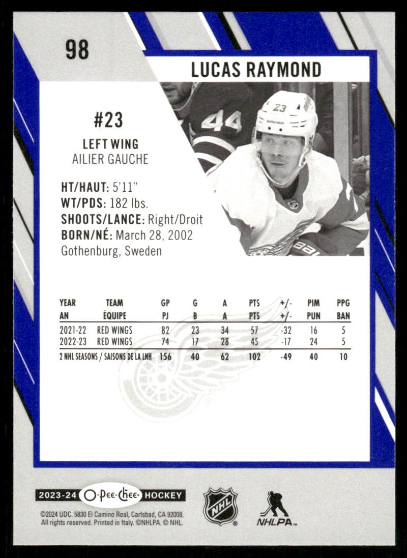 2023-24 O-Pee-Chee Blue Border Lucas Raymond #98 card back image