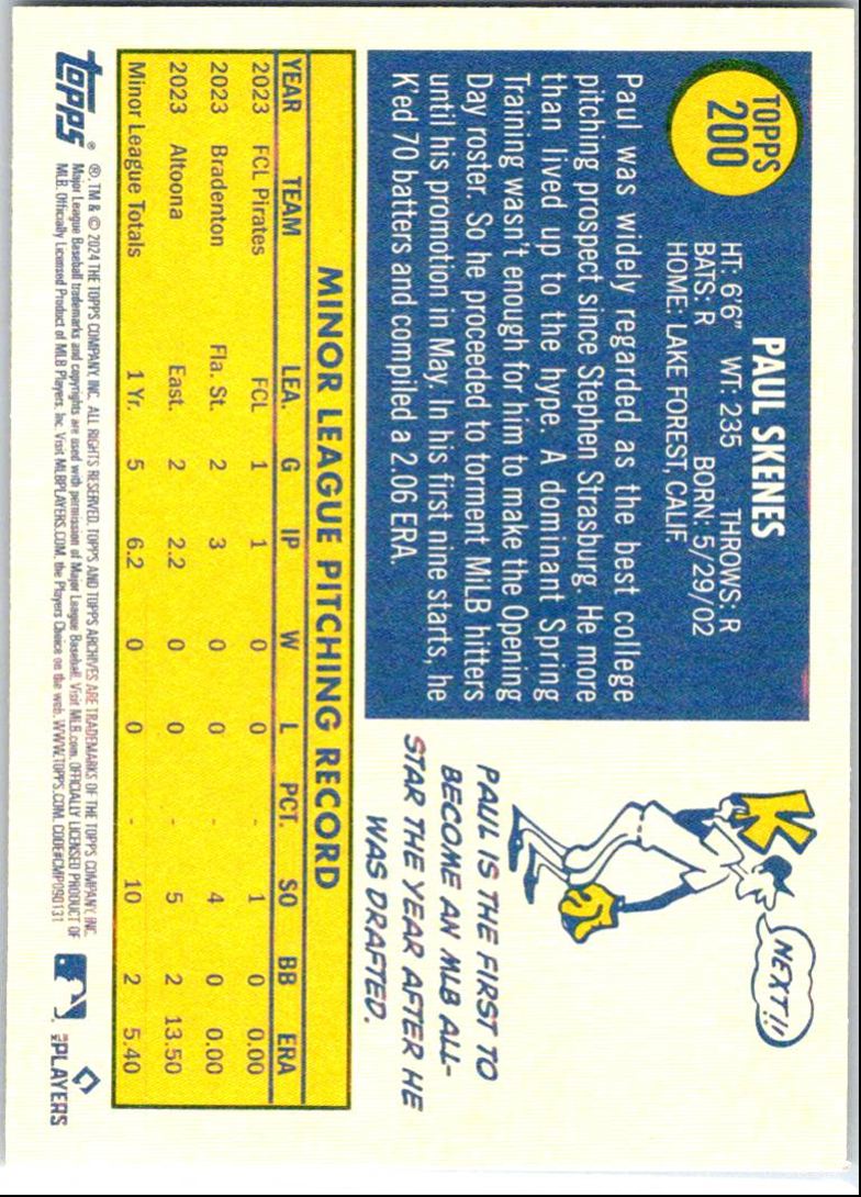 2024 Topps Archives Paul Skenes #200 card back image