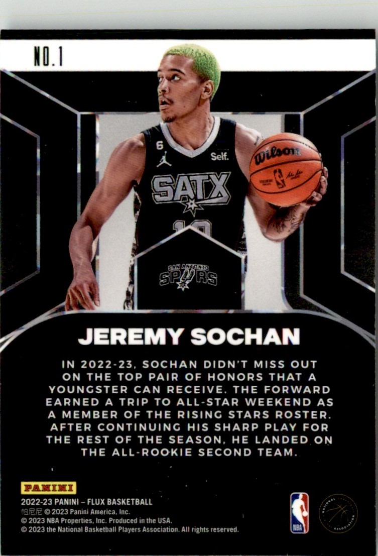 Jeremy Sochan 2022-23 Panini Flux Rookie Influx RC #1 San Antonio