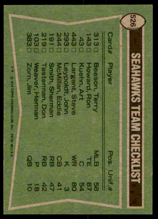 1978 Topps Sherman Smith/Steve Largent/Autry Beamon/Walter Packer #526 card back image