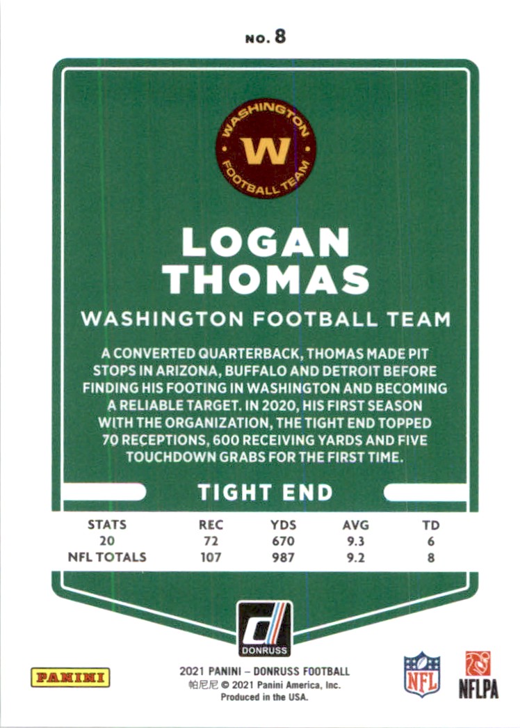 2021 Panini NFL Donruss Press Proof Gold Holo Premium Stock Logan Thomas #8 card back image