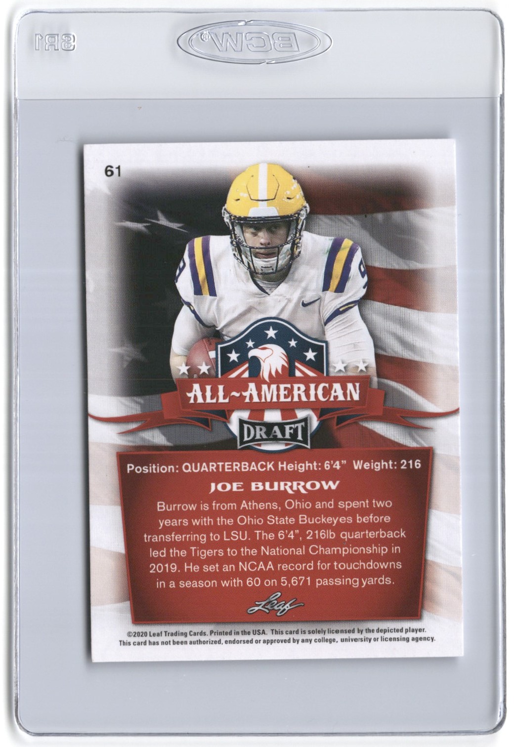2020 Leaf Draft Joe Burrow #61 card back image