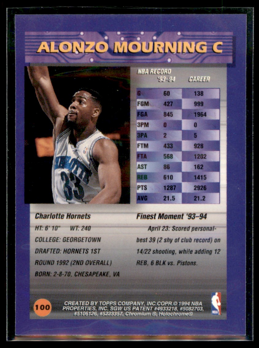 1994-95 Finest Alonzo Mourning Charlotte Hornets #100 - Picture 2 of 2