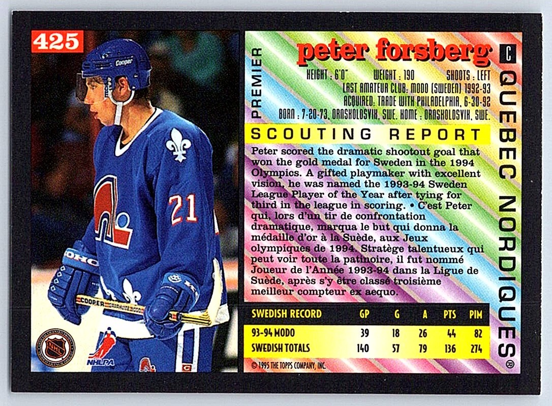 1994-95 Topps Premier Prospect Peter Forsberg #425 card back image