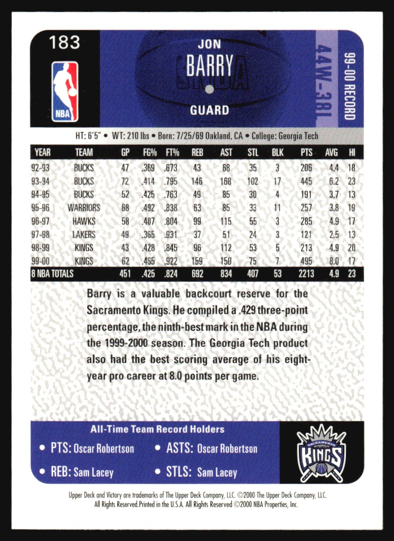 2000-01 Upper Deck Victory Jon Barry #183 card back image
