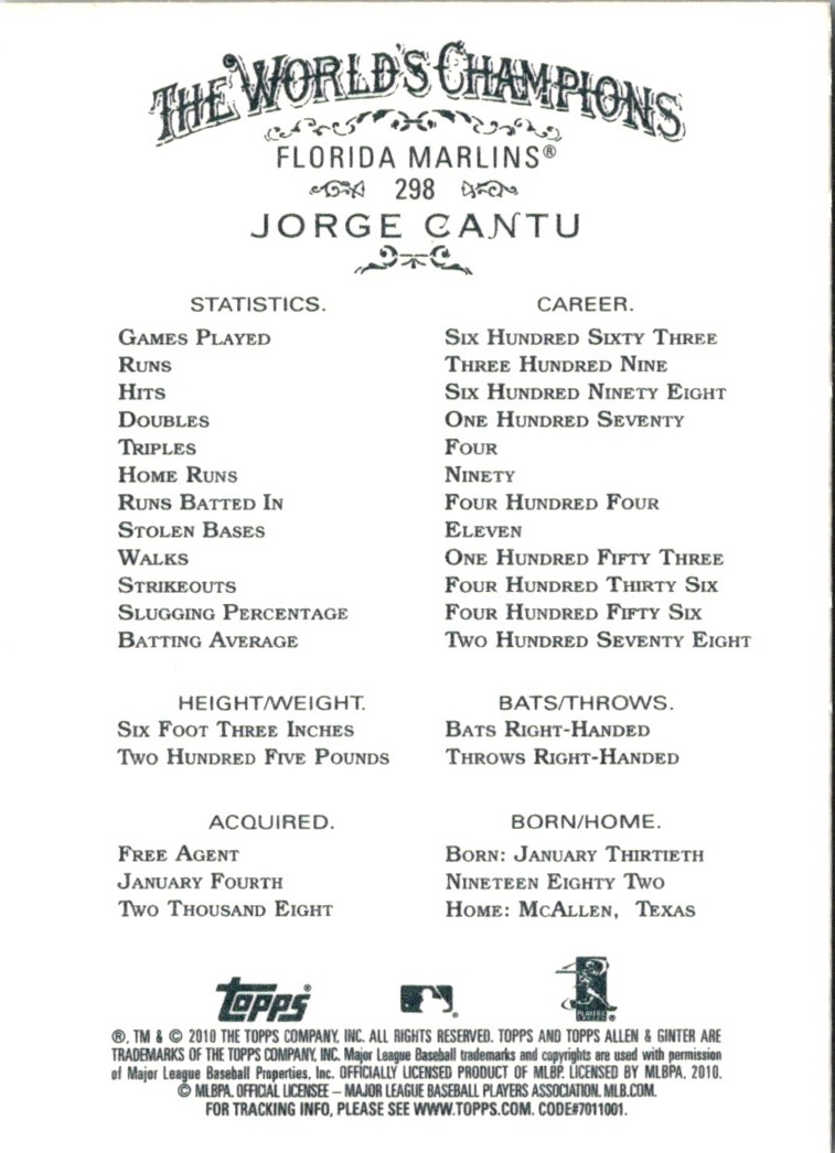 2010 Topps Allen & Ginter Jorge Cantu #298 card back image