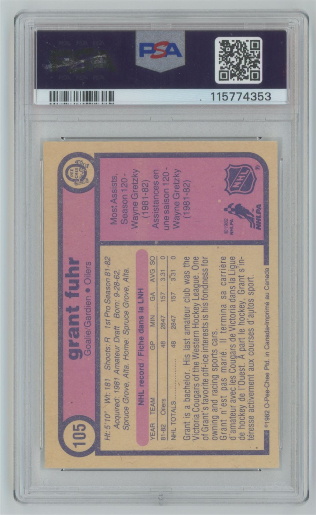 1982-83 O-Pee-Chee Grant Fuhr #105 card back image