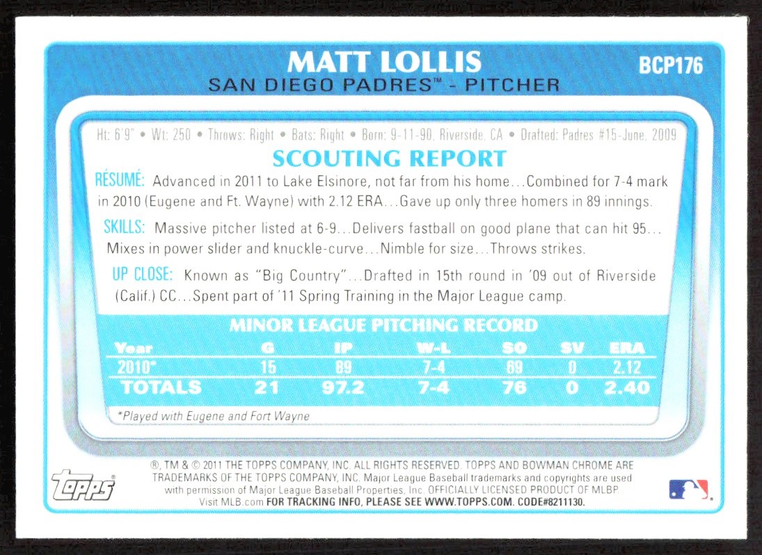 2011 9192A Bowman Chrome Prospects Green X-Fractors Matt Lollis #BCP176 card back image