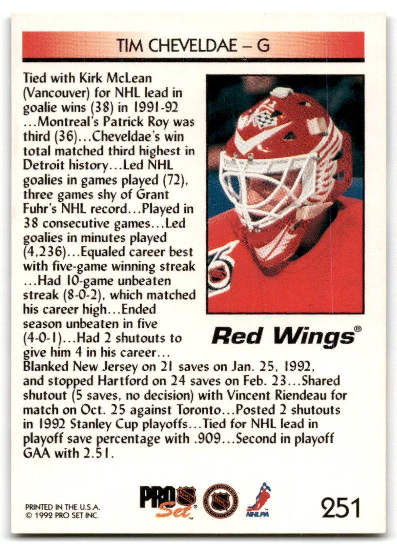 1992-93 Pro Set Hockey Card Tim Cheveldae #251 Detroit Red Wings
