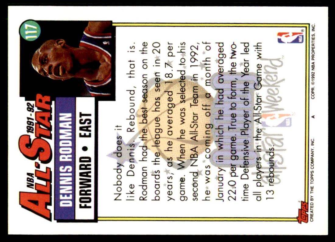 1992-93 Topps #117 Dennis Rodman AS NBA Basketball Trading Card Insert ...