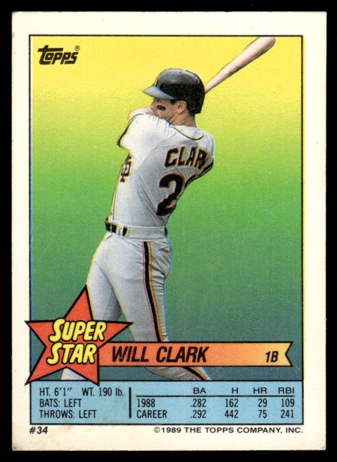 1989 Topps Stickers Super Star Backs Will Clark #34 card back image