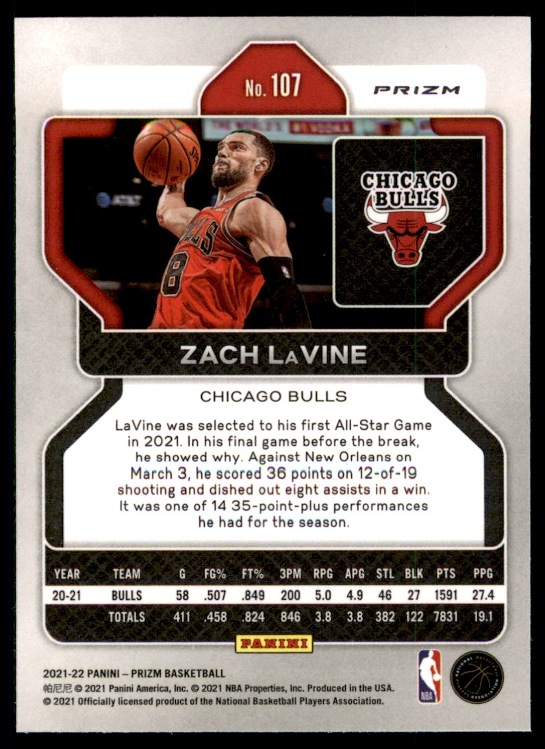 2021-22 Panini Prizm Red Cracked Ice Zach LaVine Bulls #107 *Noles2148*