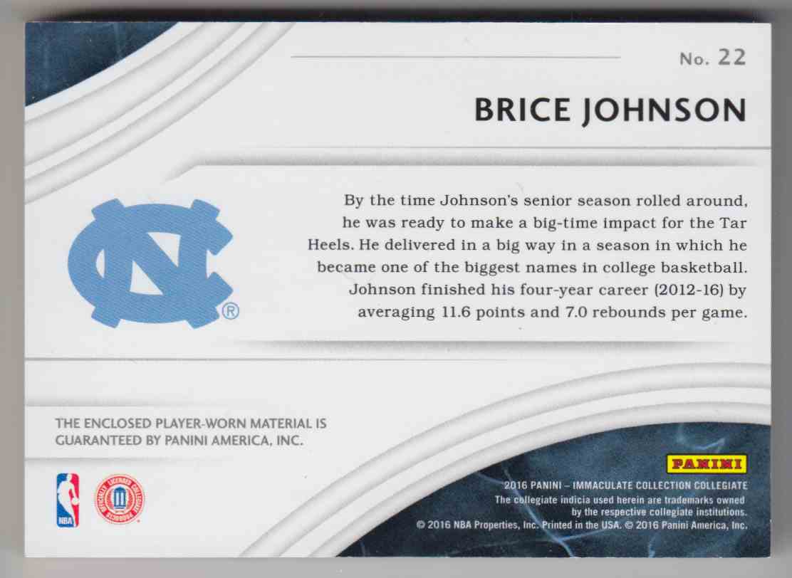 2016-17 Panini Immaculate Collegiate Sneak Peek Brice Johnson #22 card back image