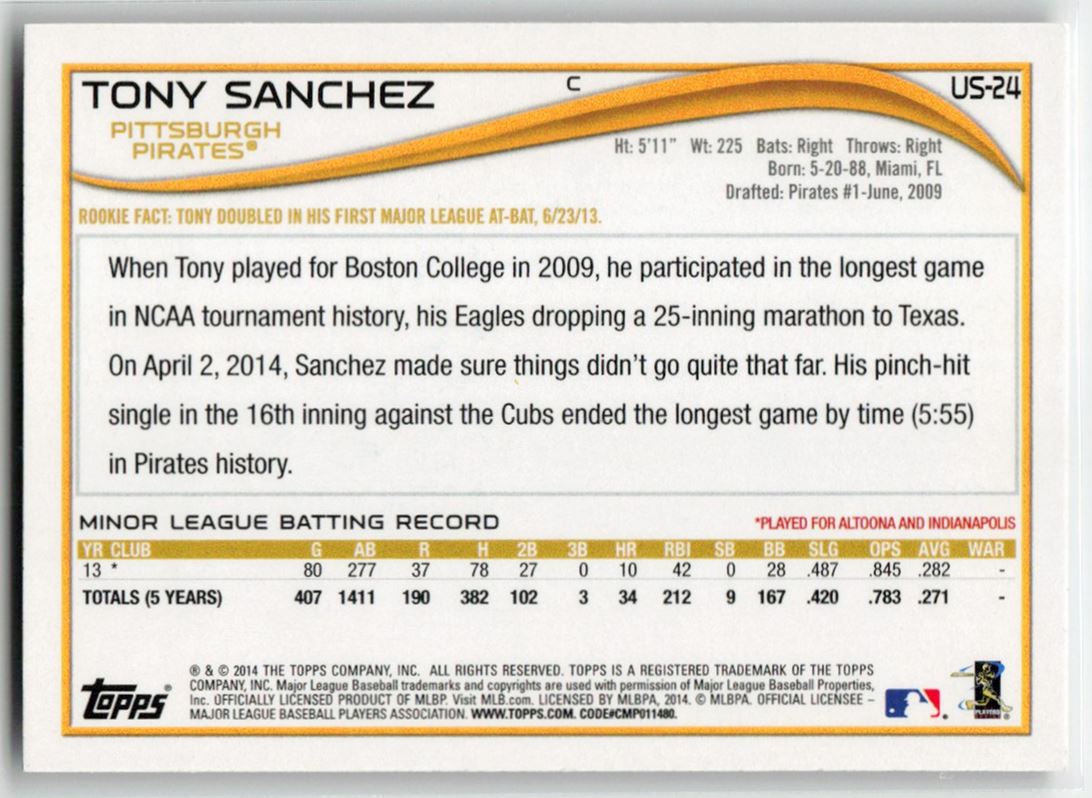 2014 Topps Update Tony Sanchez #US-24 card back image