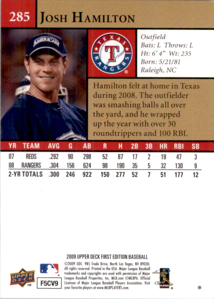 2009 Upper Deck First Edition Josh Hamilton #285 card back image