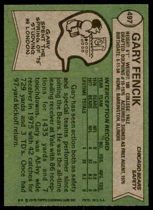1978 Topps Gary Fencik #497 card back image
