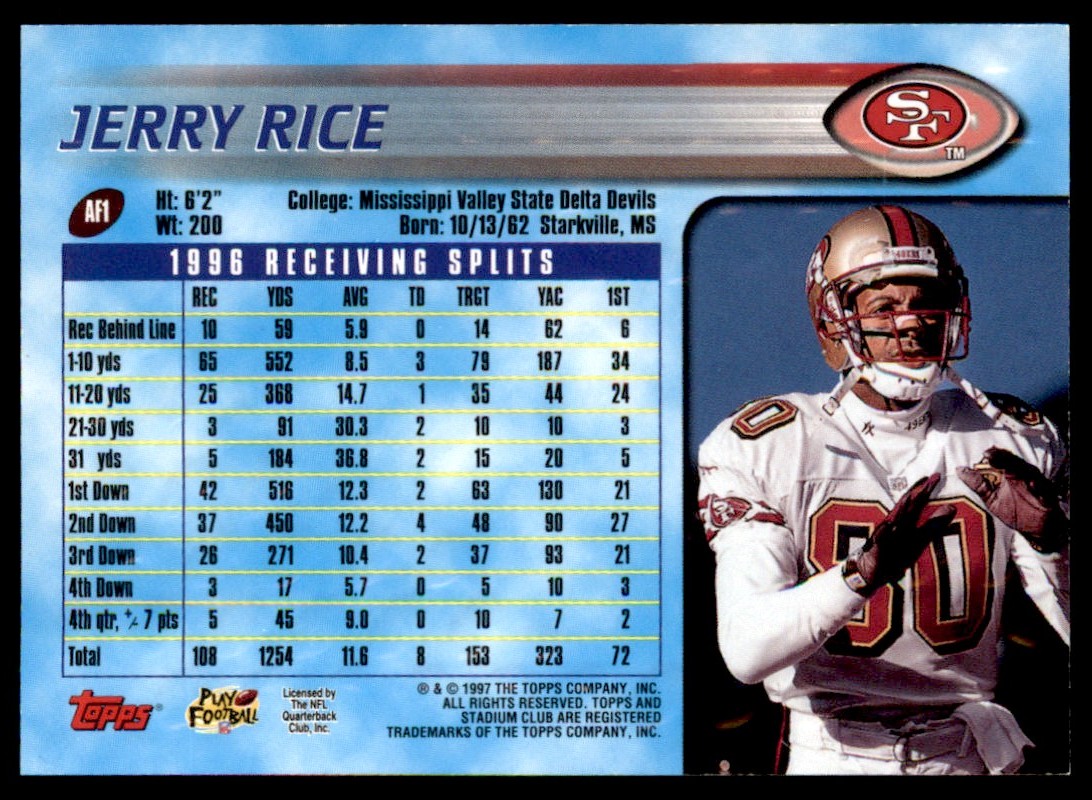 1997 Stadium Club Offensive Strikes Jerry Rice #AF1 card back image