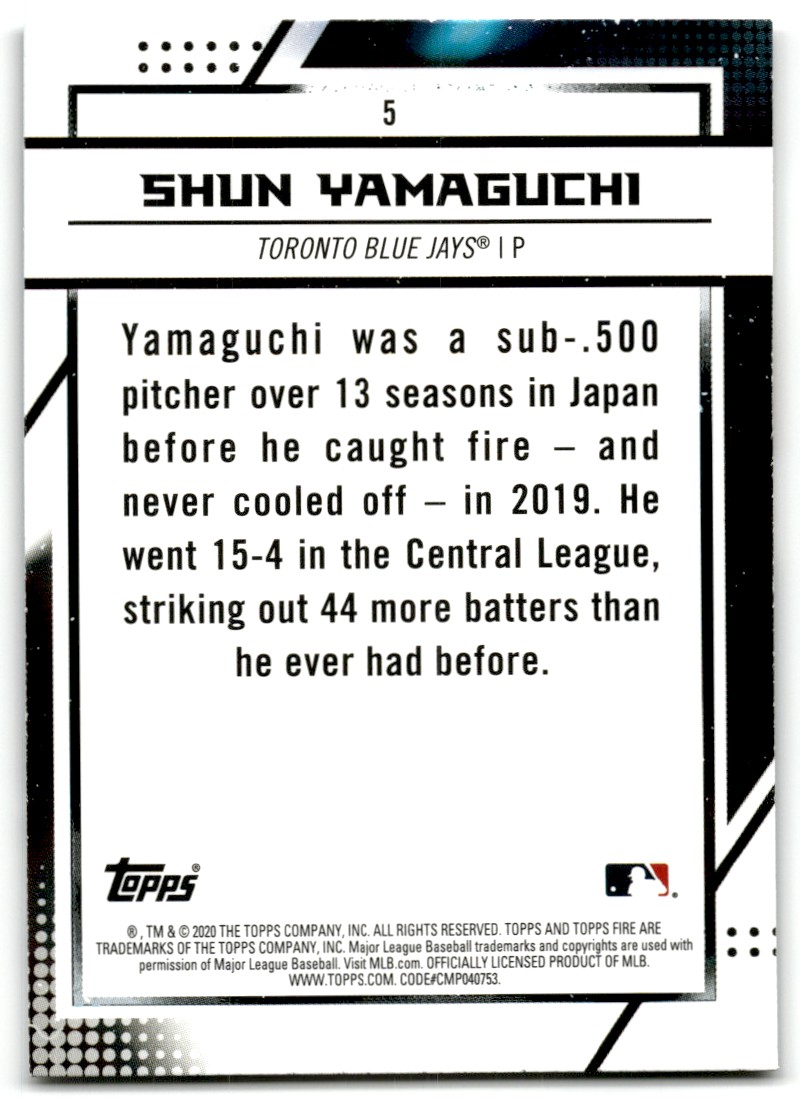 2020 Topps Fire Shun Yamaguchi #5 card back image