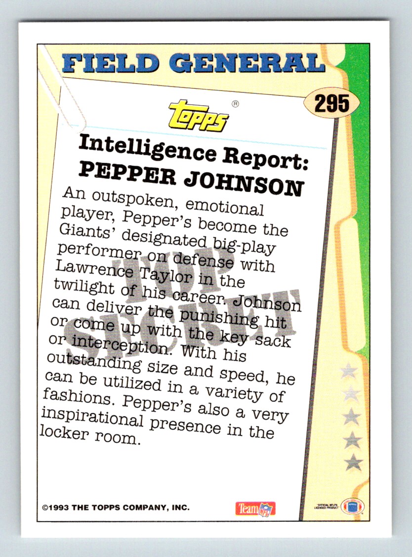1993 Topps Pepper Johnson #295 card back image