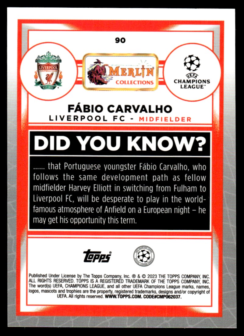 2022 Merlin Chrome UEFA Club Competitions Fábio Carvalho #90 card back image