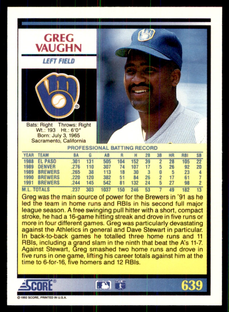 1992 Score Greg Vaughn Milwaukee Brewers #639 | eBay